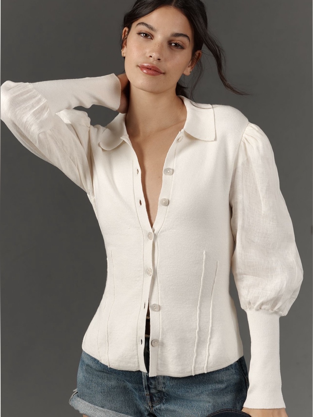 Anthropologie Ivory Linen Blend Puff Sleeve Knit Cardigan Top Size Small